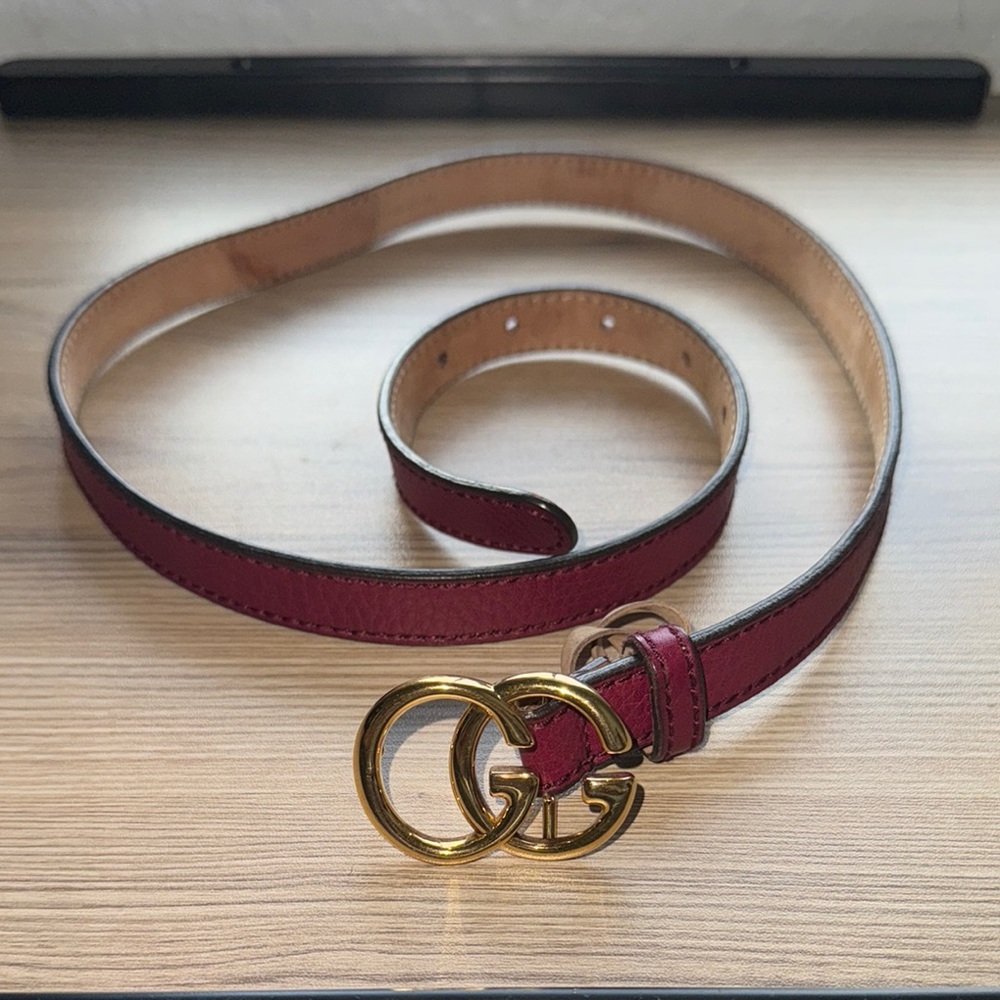 Gucci Burgundy Leather Belt with Gold Buckle